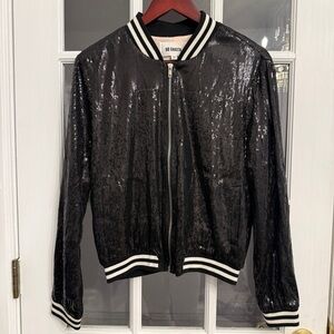 BB Dakota Black Sequin Bomber Jacket with White Stripe Trim